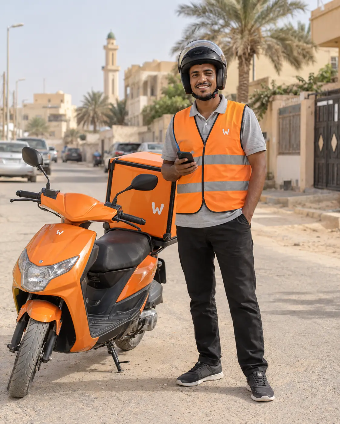 تصوّر لمندوب وصل بسترة توصيل وخوذة بجانب دراجته