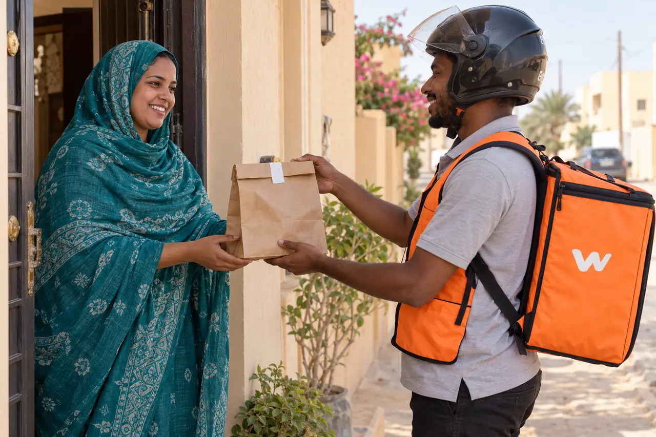 تصوّر لعميلة بملحفة موريتانية تستلم طلبًا من مندوب وصل
